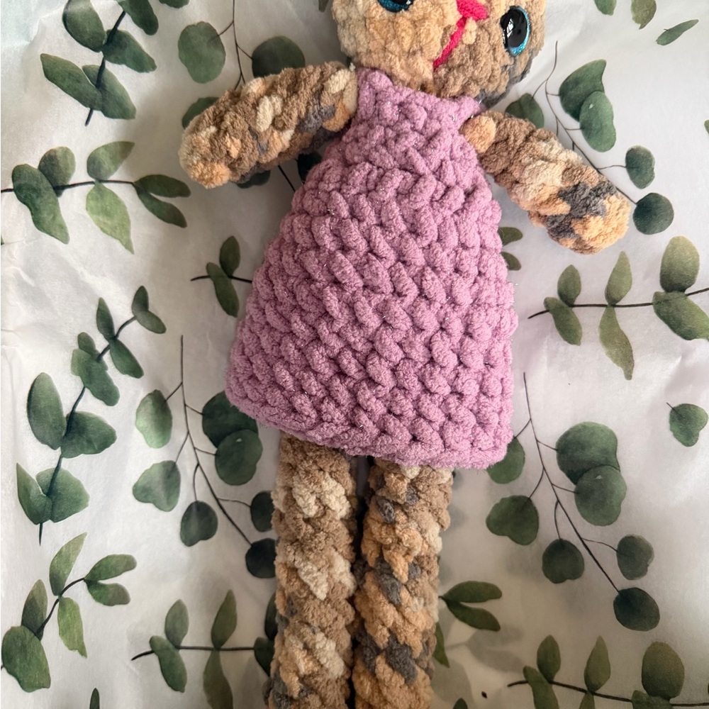 Crochet Plush Cat Toy in Purple Dress